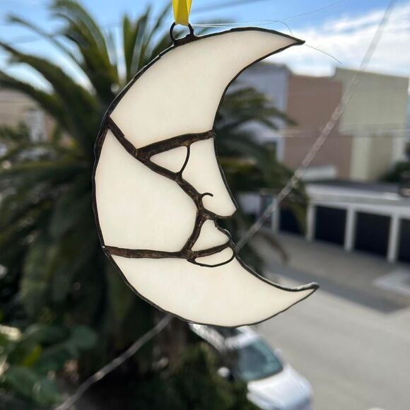 Vintage Other - Vintage Crescent Moon Stained Glass Hanging Pendant - Handmade Local Art